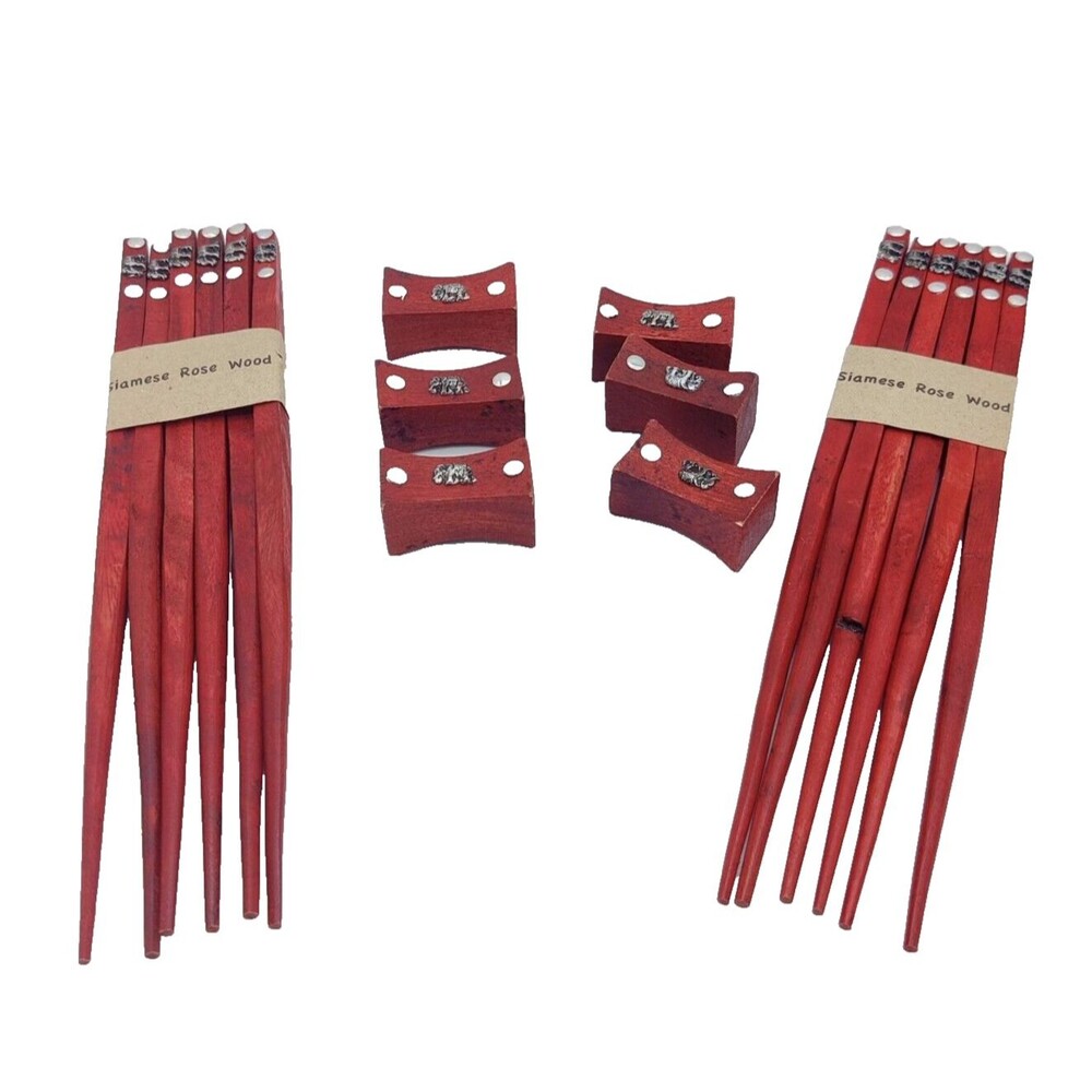 Hand Crafted Thailand Rose Wood Boxed Elephant Chopsticks Set Service For 6